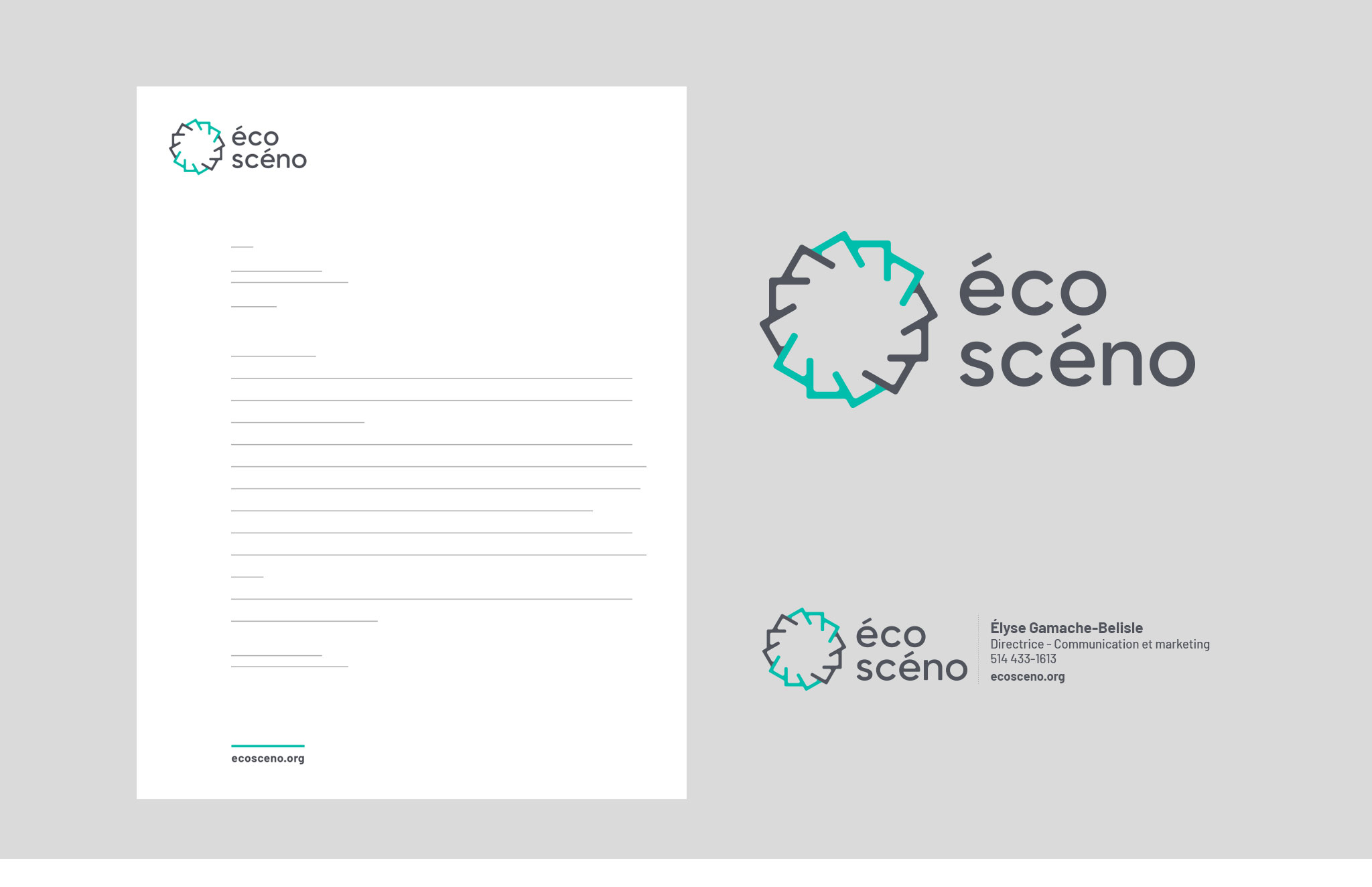 Nouvelle identité visuelle, logo, papeterie et gabarit signature courriel d’Écoscéno.