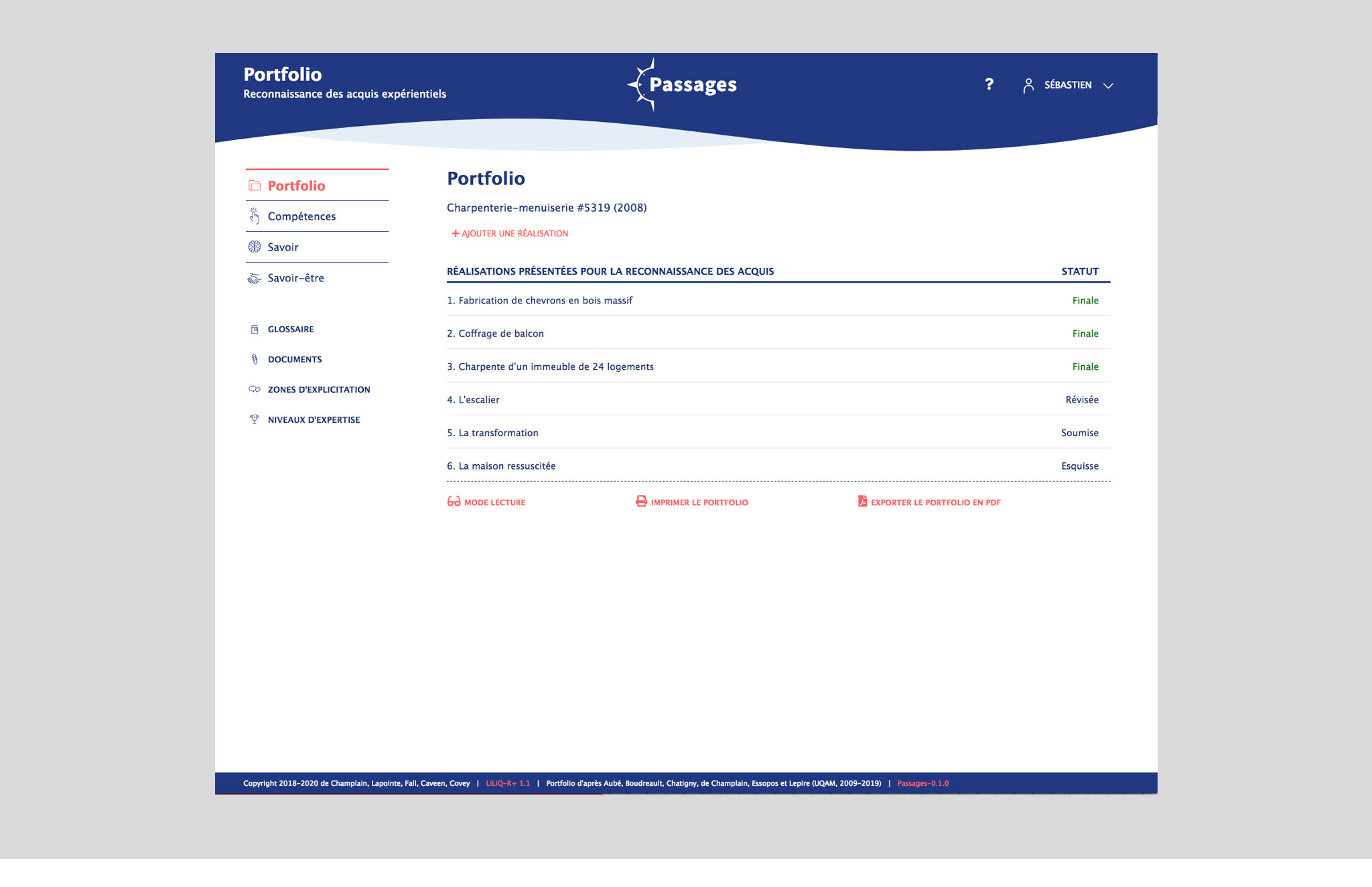 Interface web pour un intranet(Passages - Portfolio reconnaissance des acquis expérientiels).